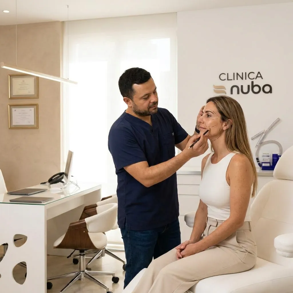 Dr. Julián Higuera marcando el plan de tratamiento facial de una paciente antes de un procedimiento de armonización