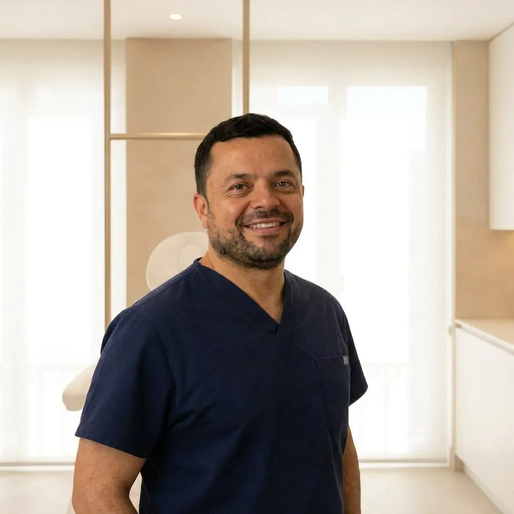 Dr. Julián David Higuera sonriendo en su clínica de medicina estética en Barcelona